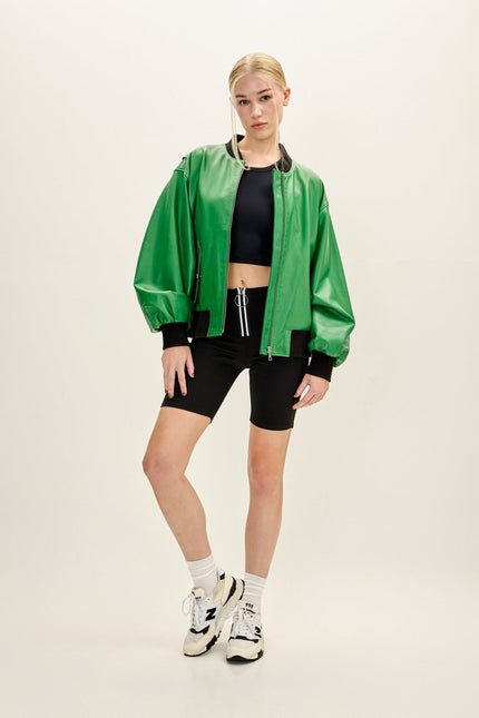 Women's Lambskin Bubble-Sleeve Bomber Jacket - Green | Ron Tomson
