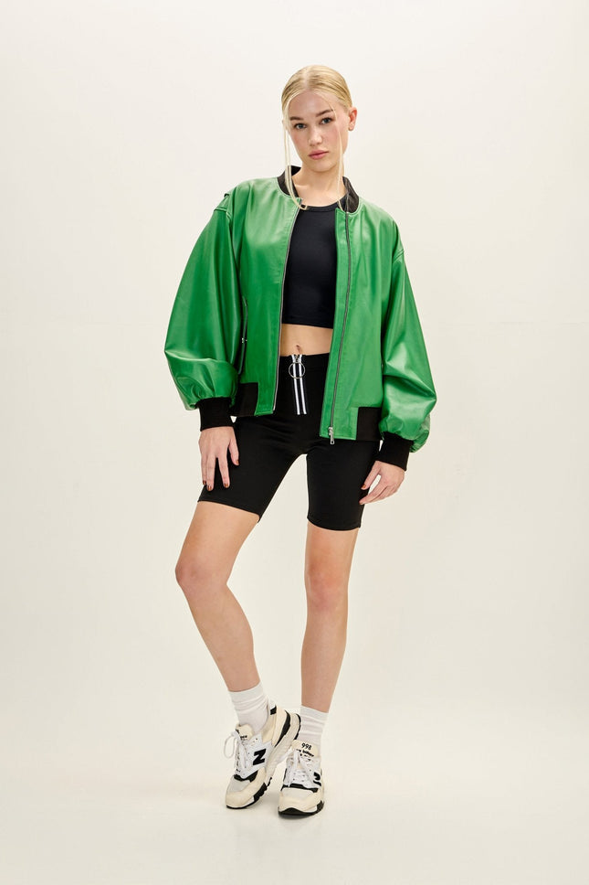 Women's Lambskin Bubble-Sleeve Bomber Jacket - Green | Ron Tomson
