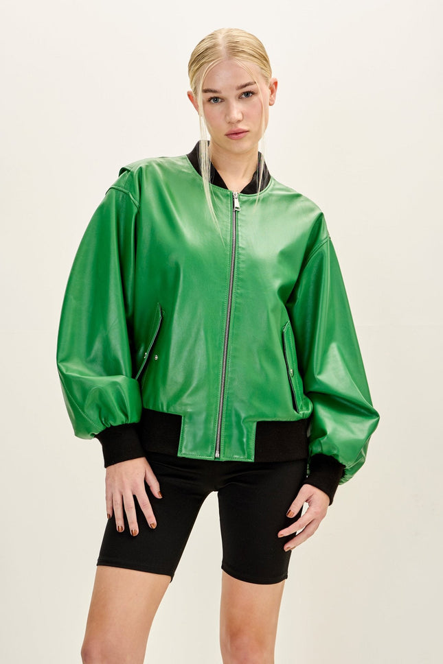 Women's Lambskin Bubble-Sleeve Bomber Jacket - Green | Ron Tomson