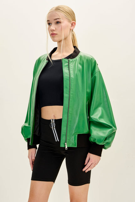 Women's Lambskin Bubble-Sleeve Bomber Jacket - Green | Ron Tomson