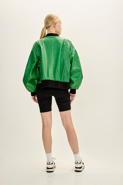 Women's Lambskin Bubble-Sleeve Bomber Jacket - Green | Ron Tomson
