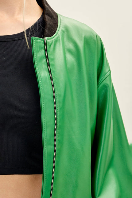 Women's Lambskin Bubble-Sleeve Bomber Jacket - Green | Ron Tomson
