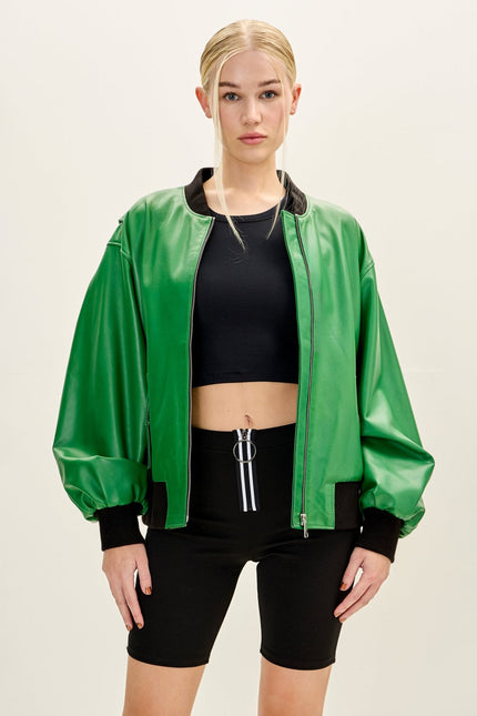 Women's Lambskin Bubble-Sleeve Bomber Jacket - Green | Ron Tomson