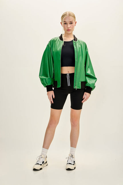 Women's Lambskin Bubble-Sleeve Bomber Jacket - Green | Ron Tomson
