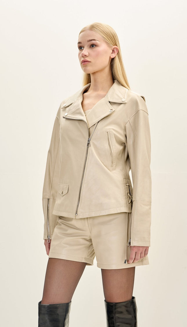 Lace-Up Leather Biker Jacket - Beige