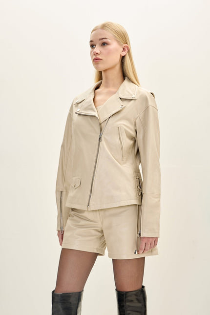 Women's Lace-Up Leather Biker Jacket - Beige | Ron Tomson
