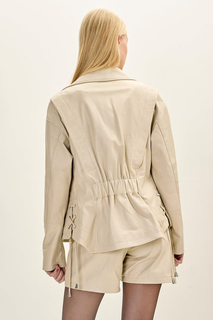 Women's Lace-Up Leather Biker Jacket - Beige | Ron Tomson