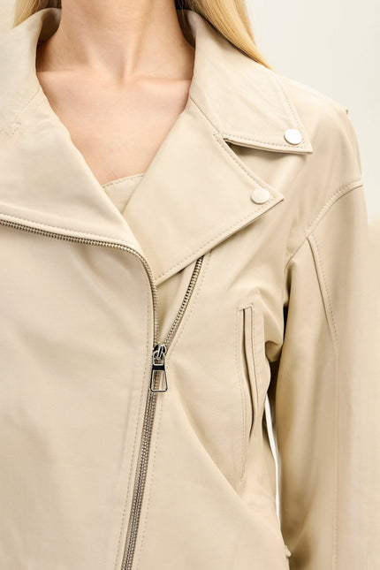 Women's Lace-Up Leather Biker Jacket - Beige | Ron Tomson