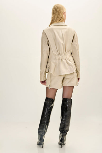 Women's Lace-Up Leather Biker Jacket - Beige | Ron Tomson