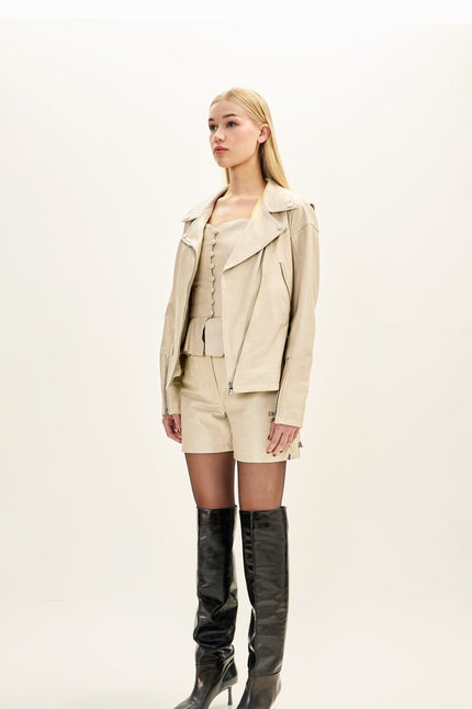 Women's Lace-Up Leather Biker Jacket - Beige | Ron Tomson