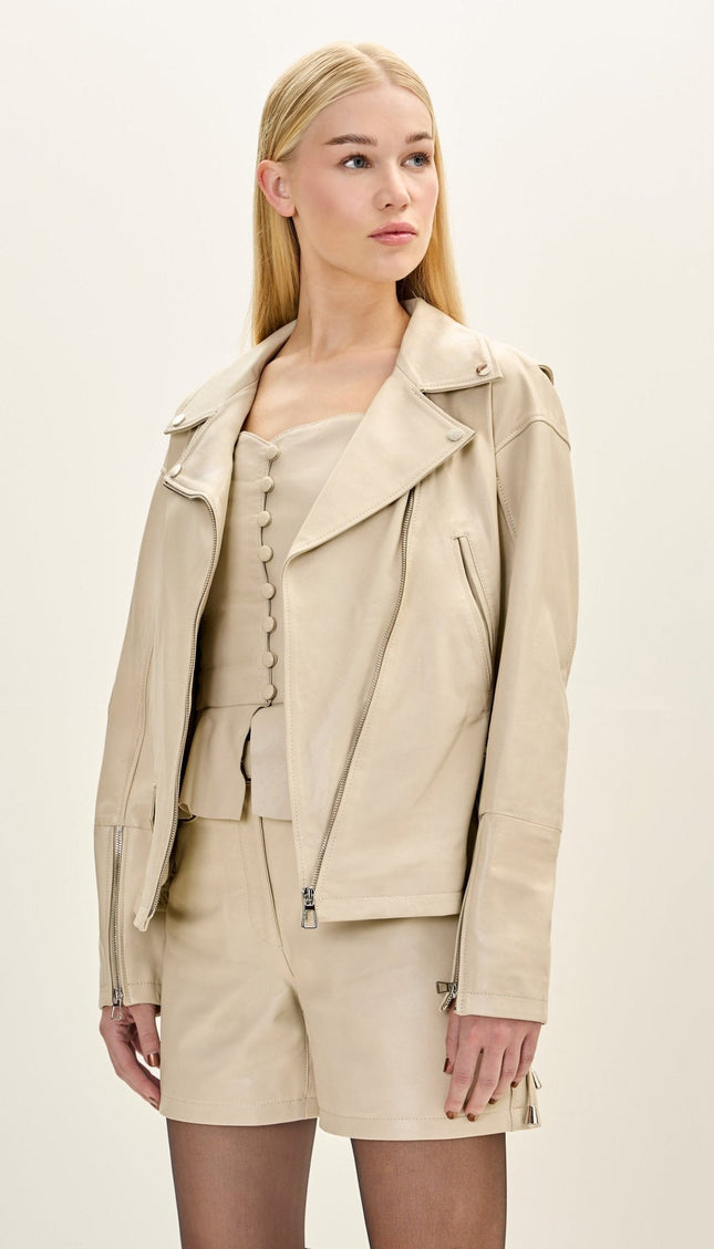 Lace-Up Leather Biker Jacket - Beige