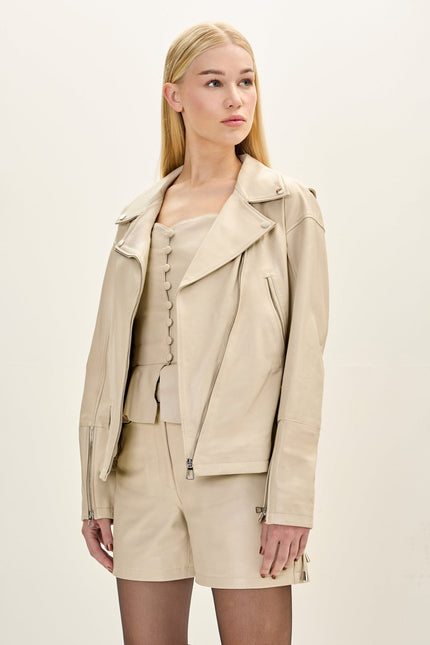 Women's Lace-Up Leather Biker Jacket - Beige | Ron Tomson