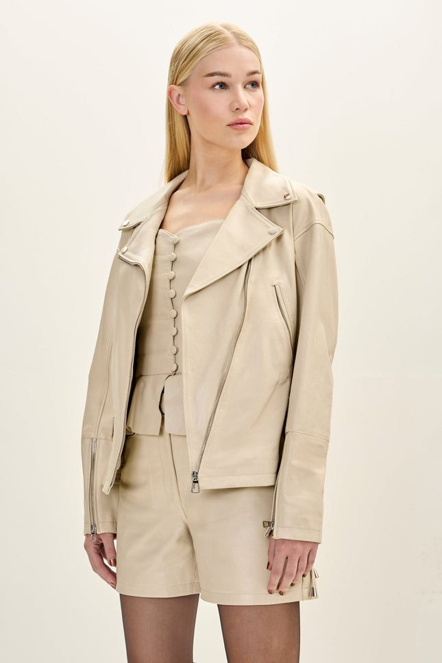 Women's Lace-Up Leather Biker Jacket - Beige | Ron Tomson