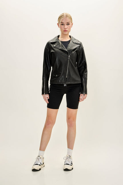 Women's Lace-up Leather Biker Jacket - Black | Ron Tomson