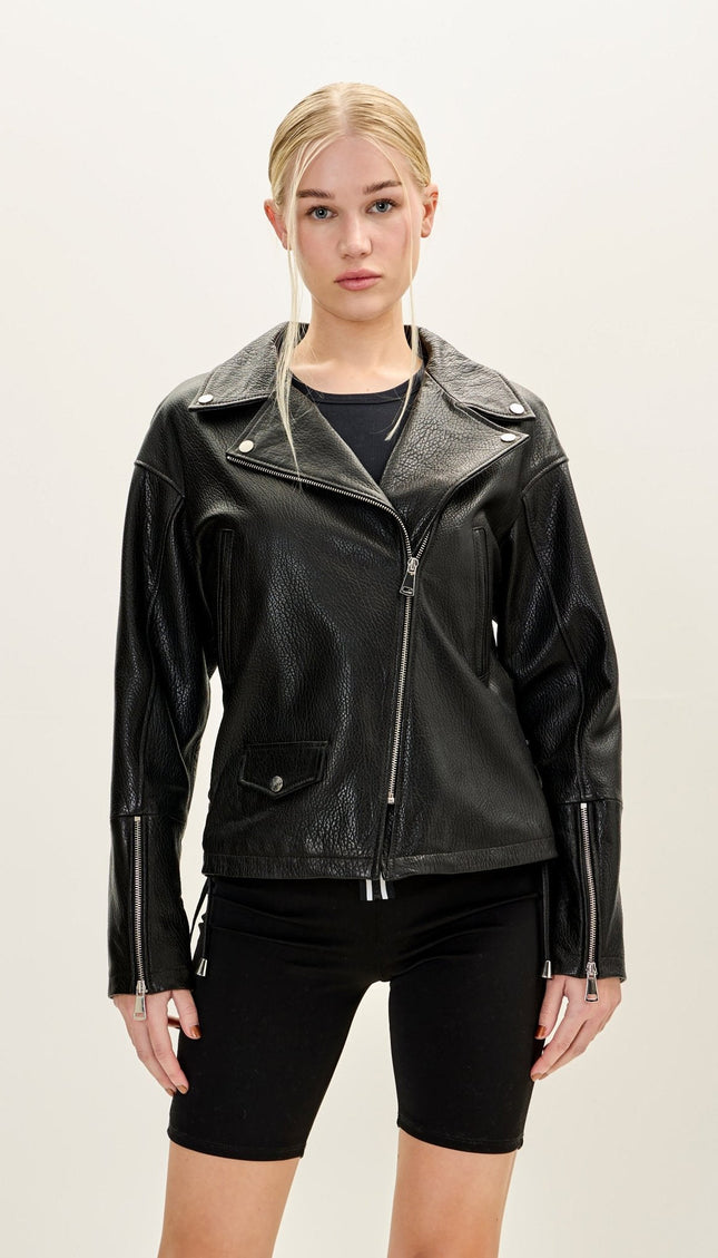 Lace-up Leather Biker Jacket - Black