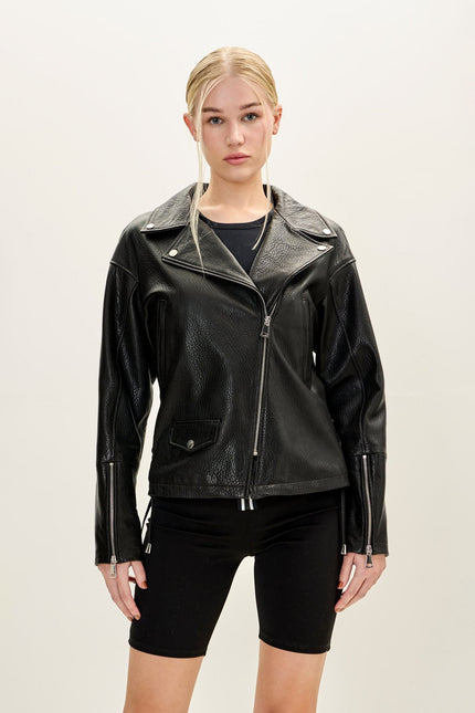 Women's Lace-up Leather Biker Jacket - Black | Ron Tomson