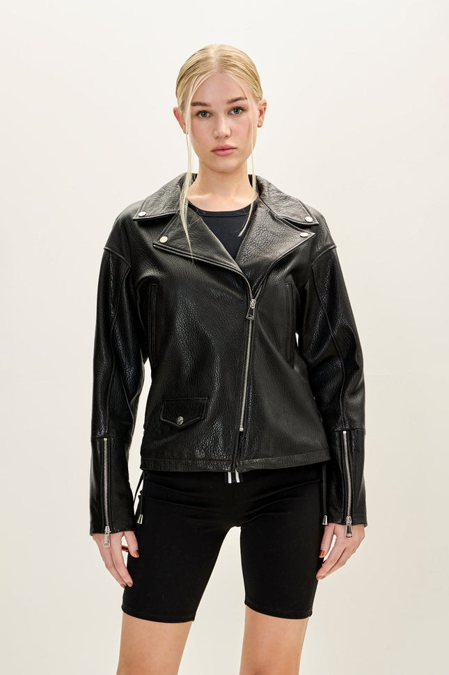 Women's Lace-up Leather Biker Jacket - Black | Ron Tomson