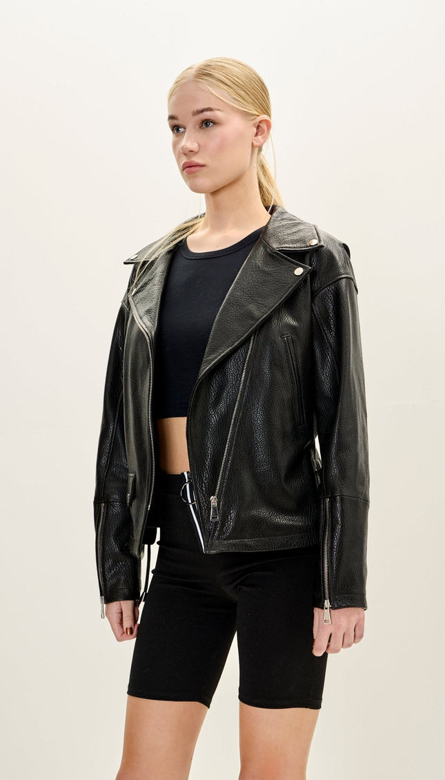 Lace-up Leather Biker Jacket - Black