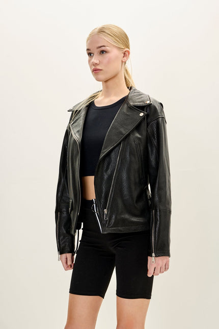 Women's Lace-up Leather Biker Jacket - Black | Ron Tomson