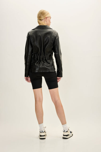 Women's Lace-up Leather Biker Jacket - Black | Ron Tomson
