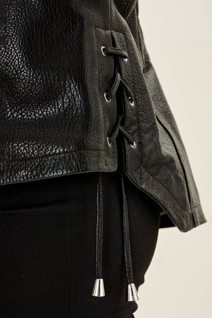 Women's Lace-up Leather Biker Jacket - Black | Ron Tomson
