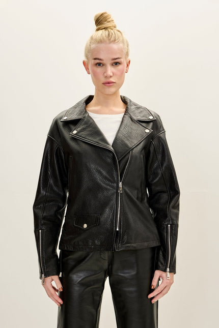 Women's Lace-up Leather Biker Jacket - Black | Ron Tomson