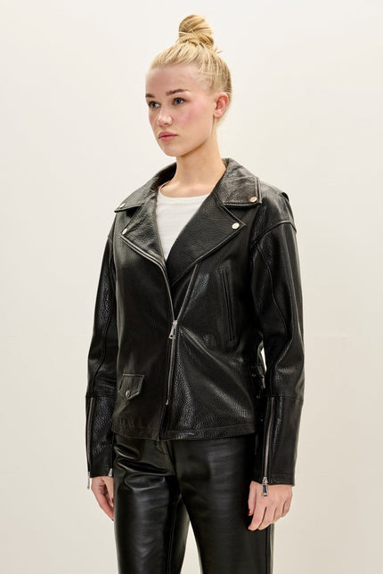 Women's Lace-up Leather Biker Jacket - Black | Ron Tomson