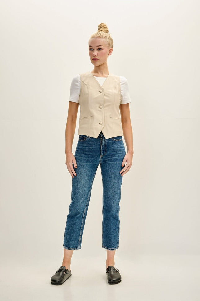 Women's Lambskin Leather Vest - Beige | Ron Tomson