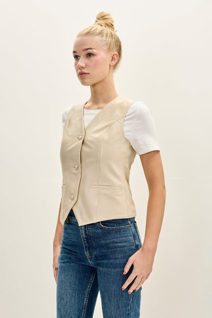 Women's Lambskin Leather Vest - Beige | Ron Tomson