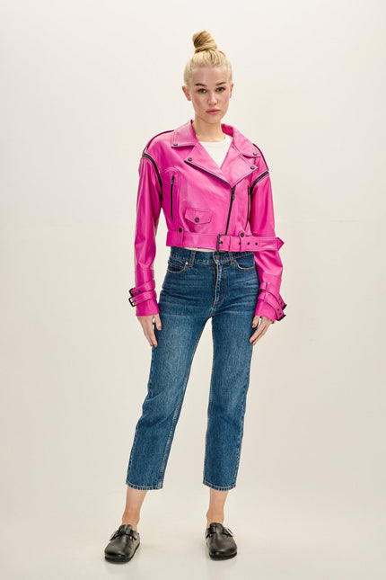 Women's Lambskin Leather Cropped Moto Jacket - Pink | Ron Tomson