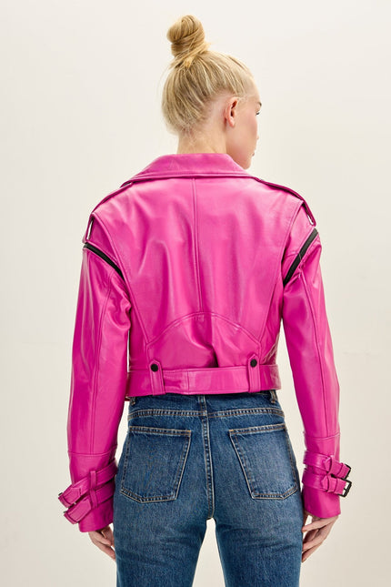 Women's Lambskin Leather Cropped Moto Jacket - Pink | Ron Tomson