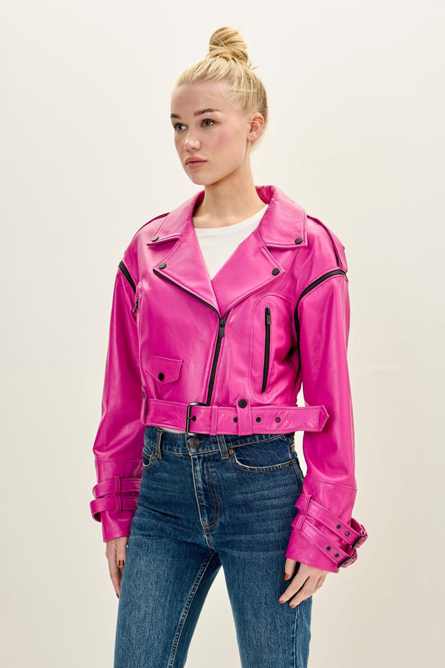 Women's Lambskin Leather Cropped Moto Jacket - Pink | Ron Tomson
