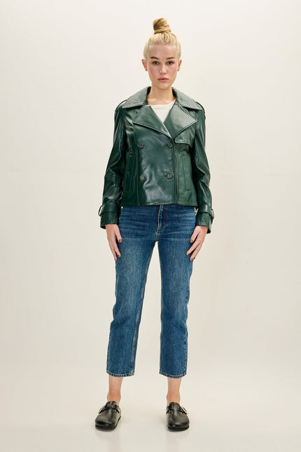 Women's Lambskin Leather Double-Breasted Trench Jacket - Green | Ron Tomson