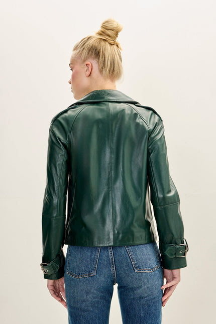 Women's Lambskin Leather Double-Breasted Trench Jacket - Green | Ron Tomson