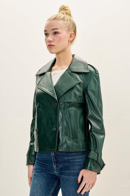 Women's Lambskin Leather Double-Breasted Trench Jacket - Green | Ron Tomson