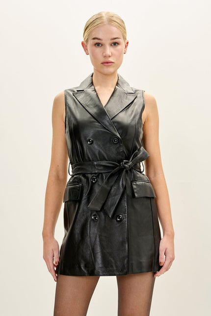 Women's Double-Breasted Mini Lambskin Leather Blazer Dress - Black | Ron Tomson