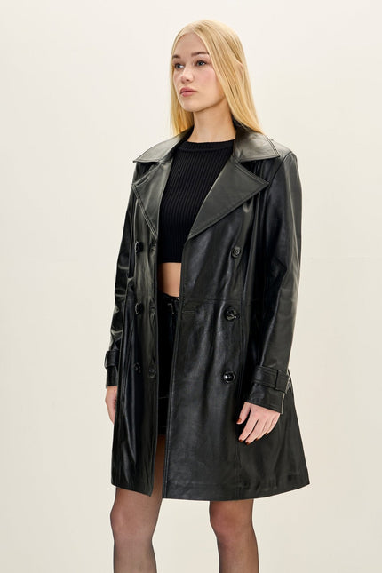 Women's Lambskin Leather Double-Breasted Trench Coat - Black | Ron Tomson