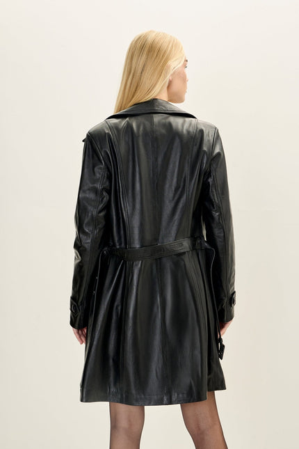 Women's Lambskin Leather Double-Breasted Trench Coat - Black | Ron Tomson