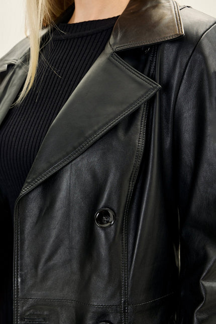 Women's Lambskin Leather Double-Breasted Trench Coat - Black | Ron Tomson