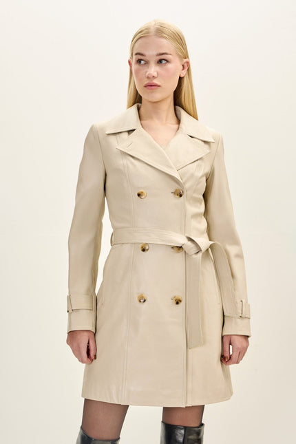 Women's Lambskin Leather Double-Breasted Trench Coat - Beige | Ron Tomson