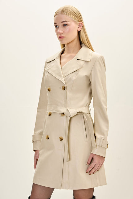 Women's Lambskin Leather Double-Breasted Trench Coat - Beige | Ron Tomson