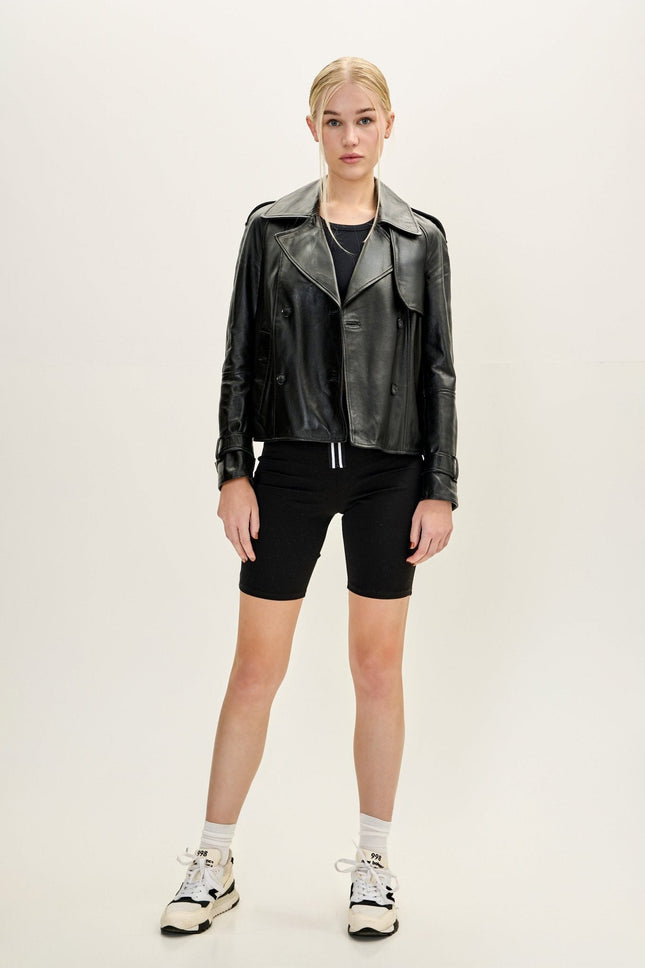 Women's Double-Breasted Lambskin Short Trench Jacket - Black | Ron Tomson