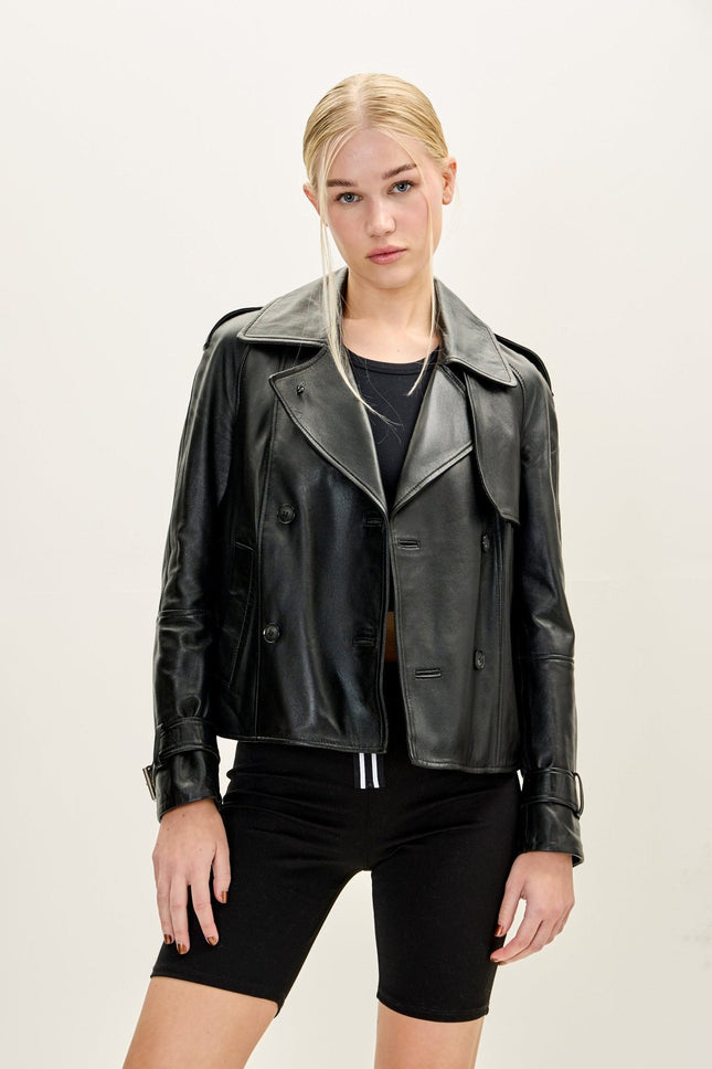 Women's Double-Breasted Lambskin Short Trench Jacket - Black | Ron Tomson