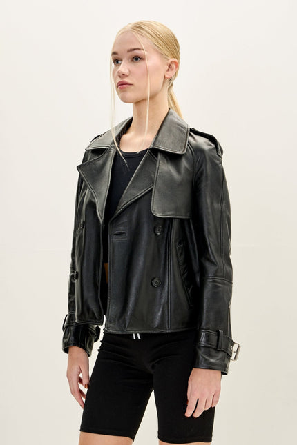 Women's Double-Breasted Lambskin Short Trench Jacket - Black | Ron Tomson