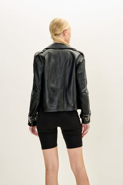 Women's Double-Breasted Lambskin Short Trench Jacket - Black | Ron Tomson