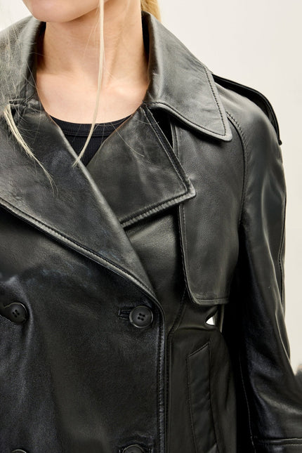 Women's Double-Breasted Lambskin Short Trench Jacket - Black | Ron Tomson