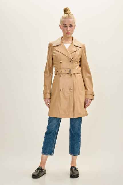 Women's Lambskin Leather Double-Breasted Trench Coat - Dark Beige | Ron Tomson