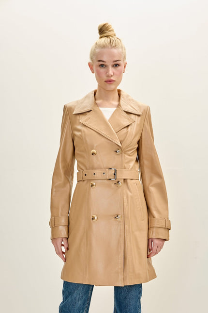Women's Lambskin Leather Double-Breasted Trench Coat - Dark Beige | Ron Tomson