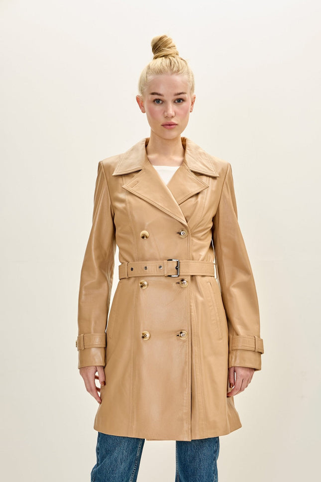 Women's Lambskin Leather Double-Breasted Trench Coat - Dark Beige | Ron Tomson