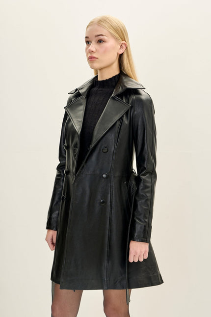 Women's Lambskin Leather Double-Breasted Trench Coat - Black | Ron Tomson